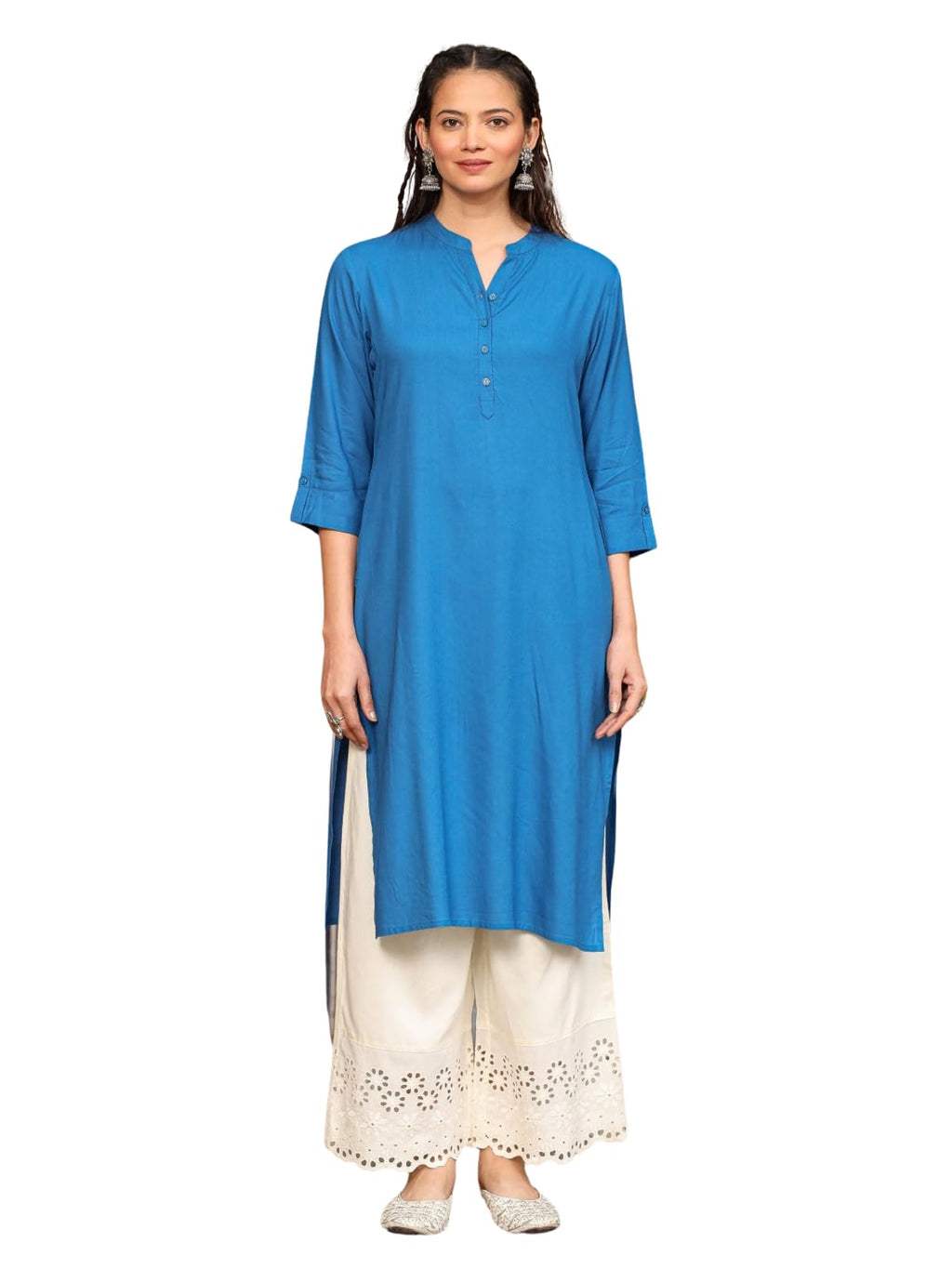 Juniper Women's Effortlessly Chic Bright Blue Rayon Solid Roll-Up Sleeves Basic Kurta | Grocsy
