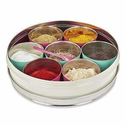 Stainless Steel Made Masala Box Spice Box Masala Dabba Container With Glass Lid 7 Compartments With 1 Spoon | Grocsy