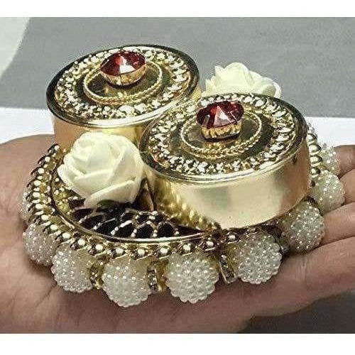 Haldi Kumkum Box Elegant with Lids - Decorated with Flowers - Colored Crystals | Grocsy