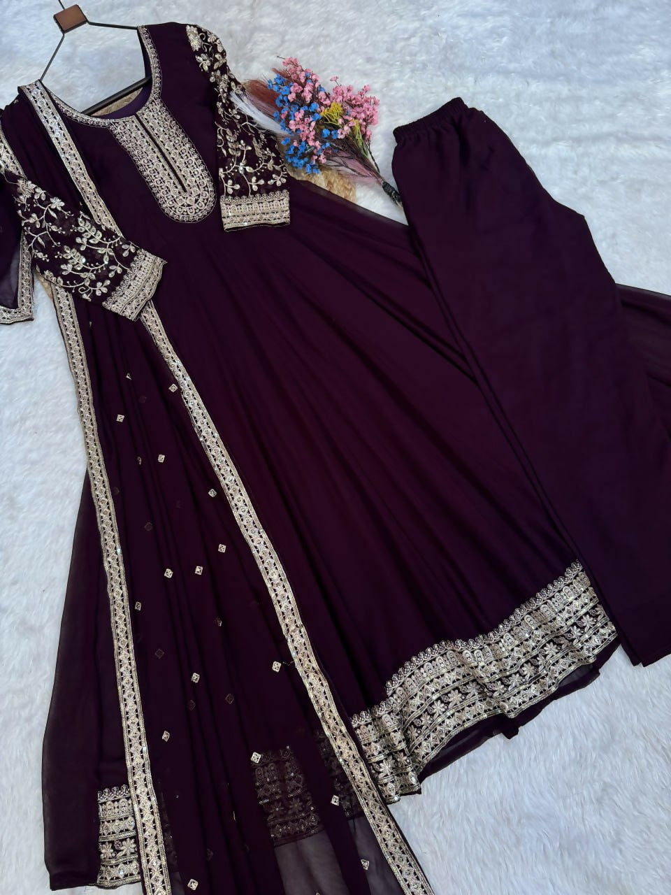 Teeya Creation Wine Faux Georgette Embroidered Anarkali Suit with Dupatta | Grocsy