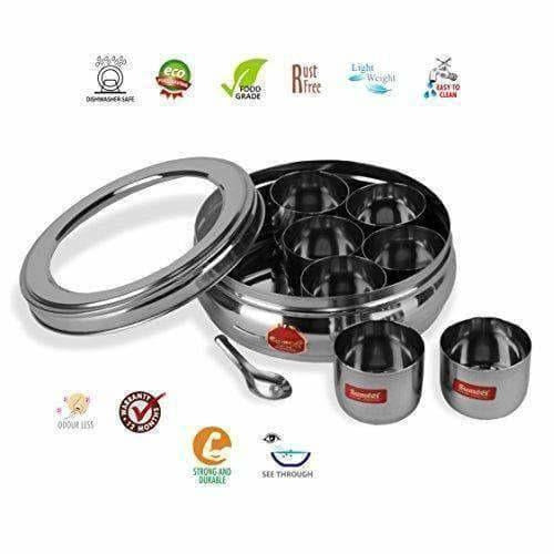 Stainless Steel Belly Shape Spice Box with See Through Lid with 7 Containers and Small Spoon | Grocsy