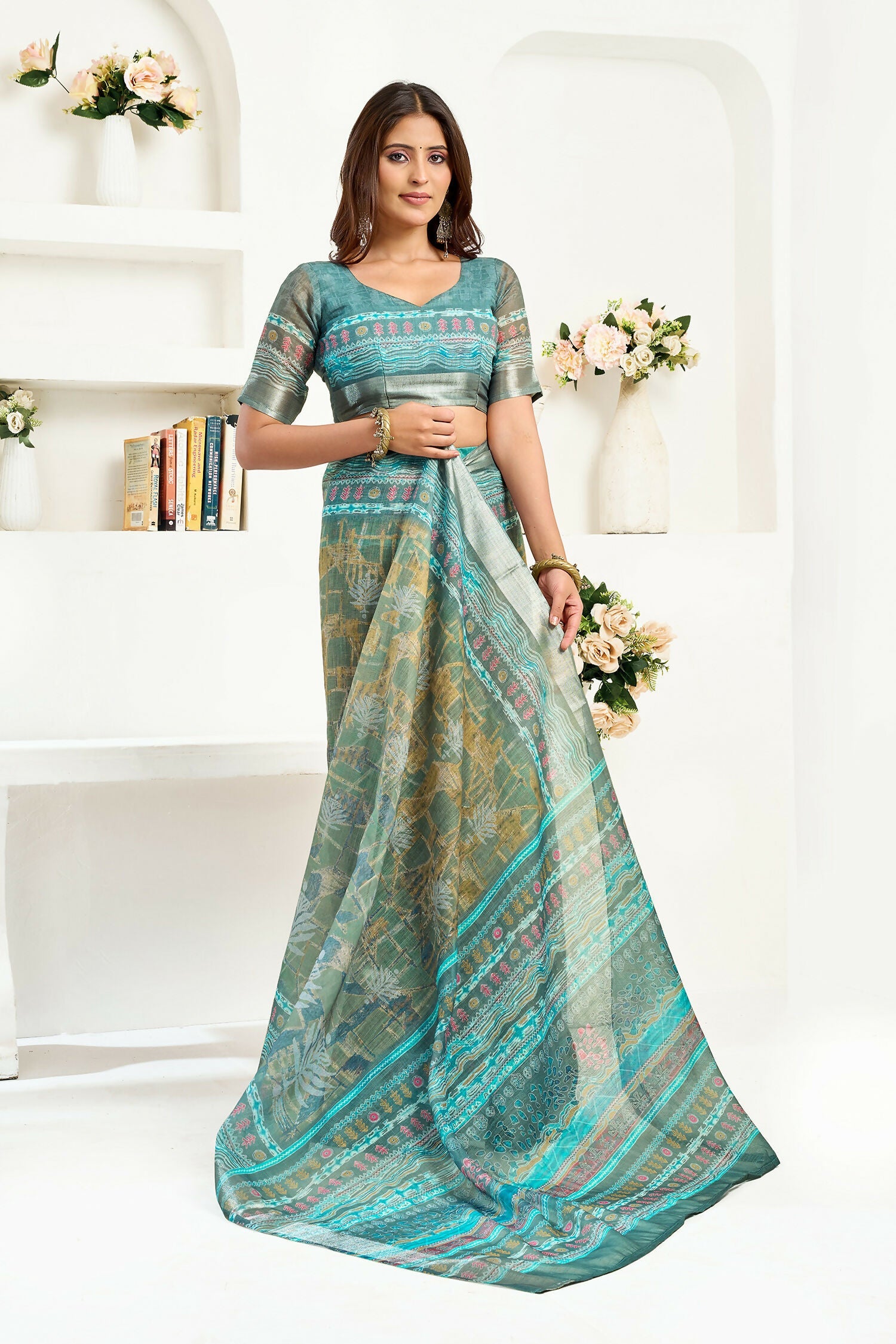 Joban Fashion Petrol Ethinic Motifs Linen Ready To Wear Saree With Unstitched Blouse | Grocsy