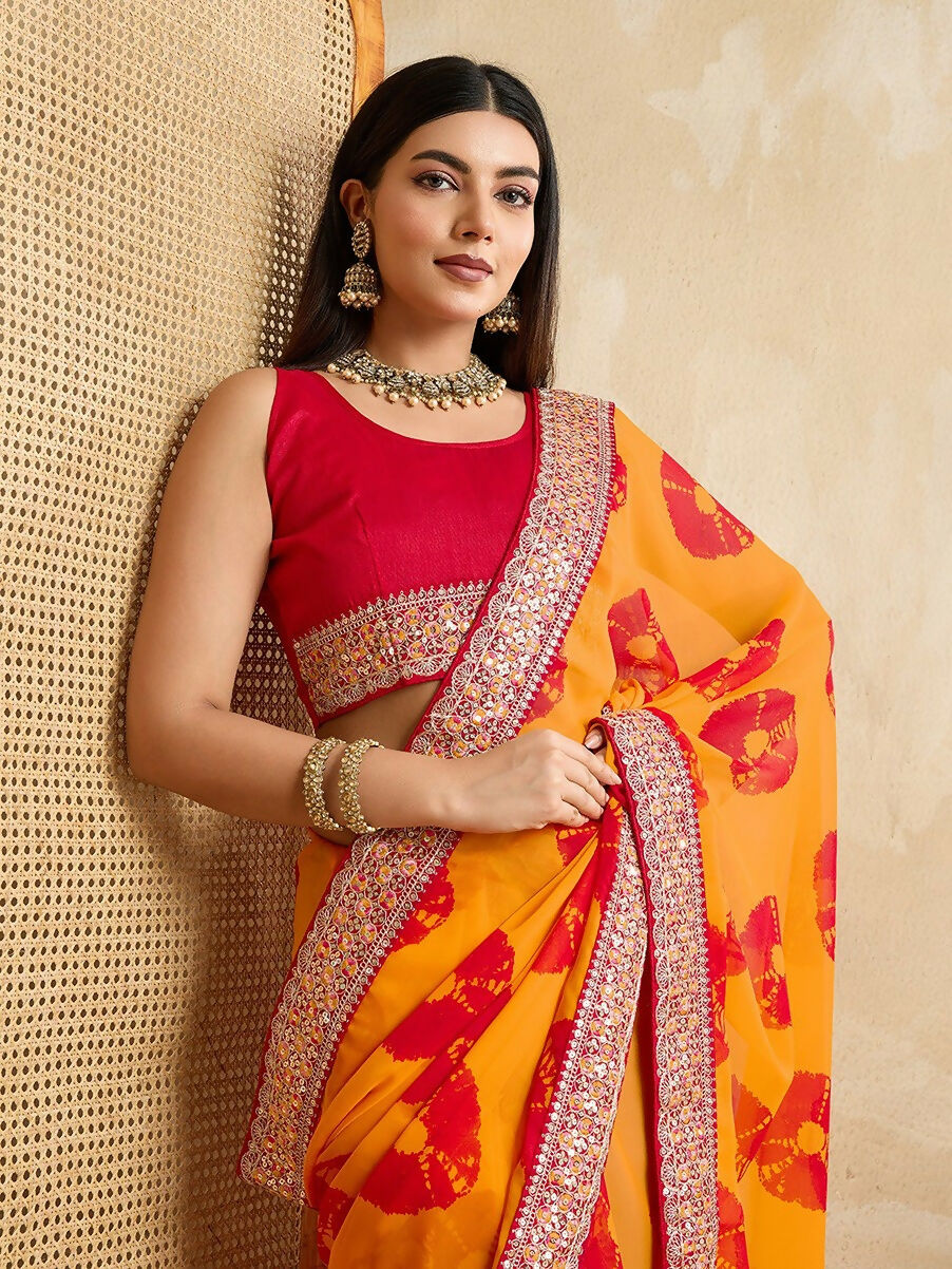 Ai Fashion Yellow Georgette Bandhani Print Party Wear Saree | Grocsy