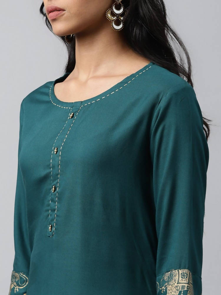 Yufta Women Green And Golden Pure Cotton Solid Kurta with Palazzo and Dupatta | Grocsy