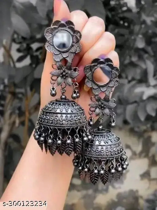 Tehzeeb Creations Women's Black Colour Oxidised Earrings With Mirror And Jhumki Style | Grocsy