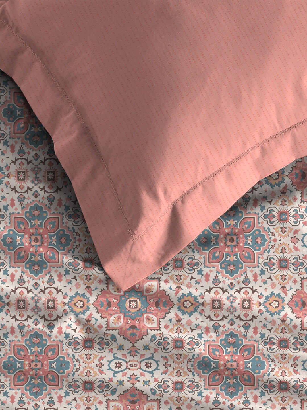 MYTRIDENT Dusk and Dawn Pink Ethnic Motifs Cotton 144 TC Single Bedsheet with 1 Pillow Cover | Grocsy