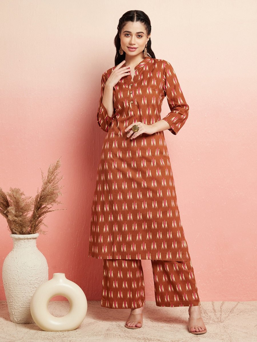 Aks Ikat Printed Pure Cotton Straight Kurta With Palazzos | Grocsy
