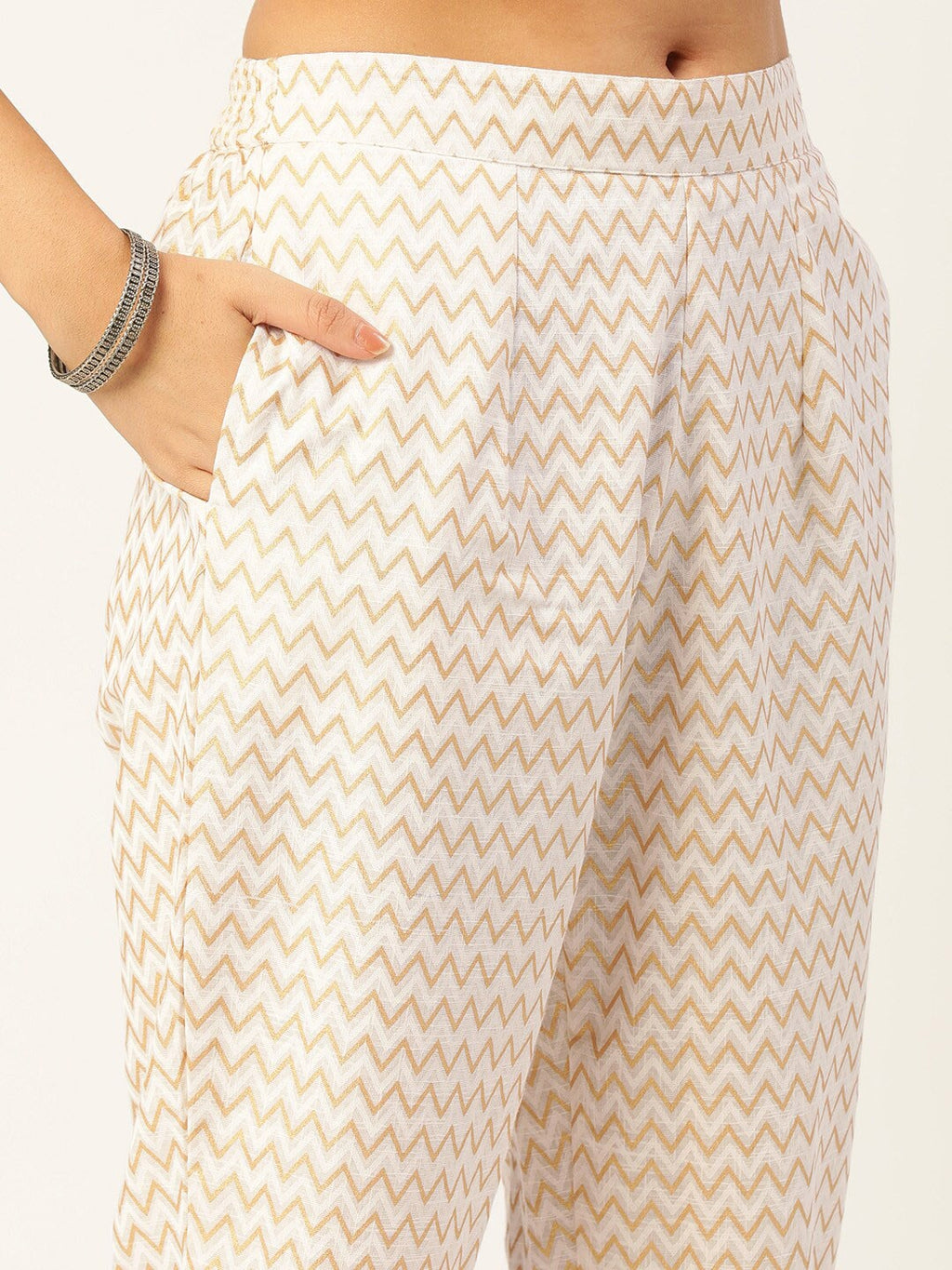 HERE&NOW Women Cream-Coloured Pleated Kurti with Trousers & With Dupatta | Grocsy