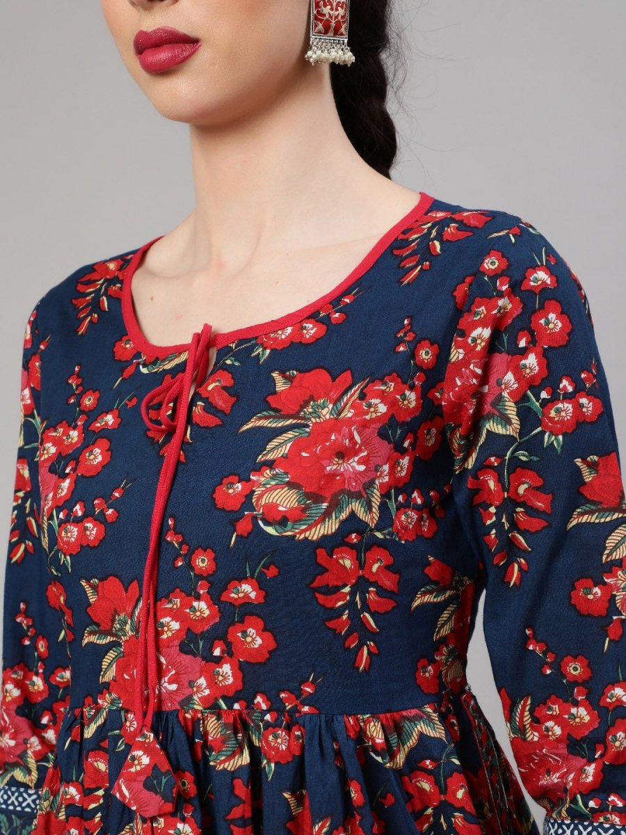 Aks Floral Printed Tie-Up Neck Pleated Cotton A-Line Kurta | Grocsy