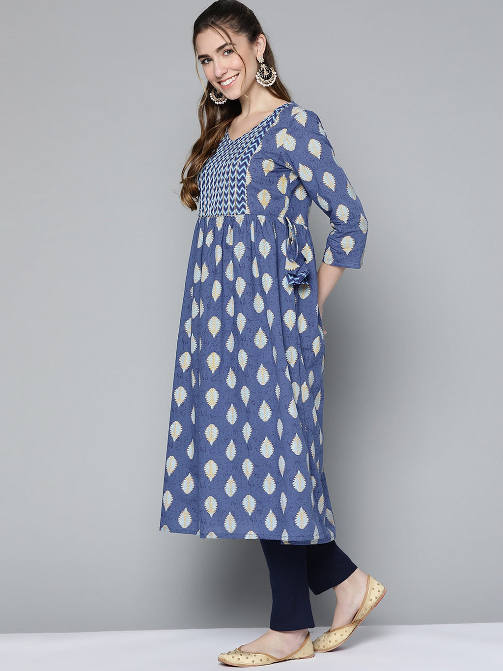 HERE&NOW Women Navy Blue & Mustard Yellow Ethnic Printed Gotta Patti Pure Cotton Kurta | Grocsy