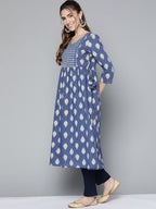 HERE&NOW Women Navy Blue & Mustard Yellow Ethnic Printed Gotta Patti Pure Cotton Kurta | Grocsy