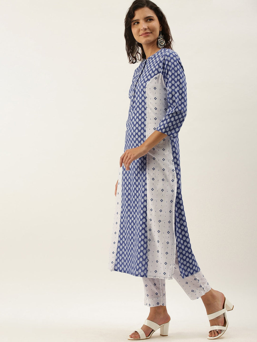 Sangria Women White Ethnic Motifs Printed Panelled Pure Cotton Kurta with Trousers | Grocsy