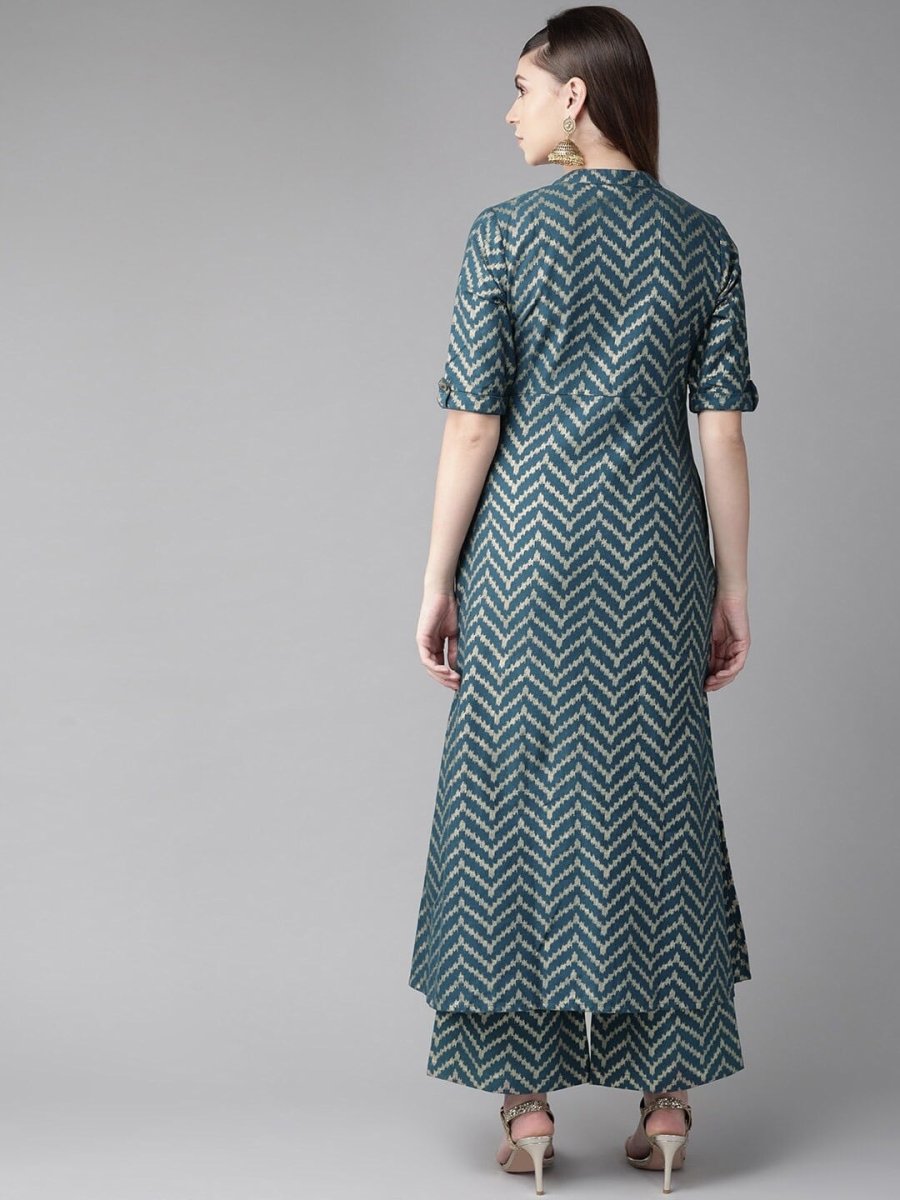 Aks Chevron Printed Band Collar A-Line Kurta | Grocsy