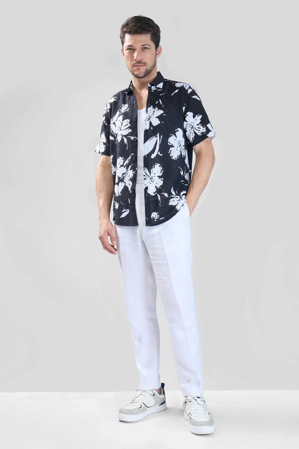 Xkind Black Floral Printed Textured Regular Fit Shirt | Grocsy