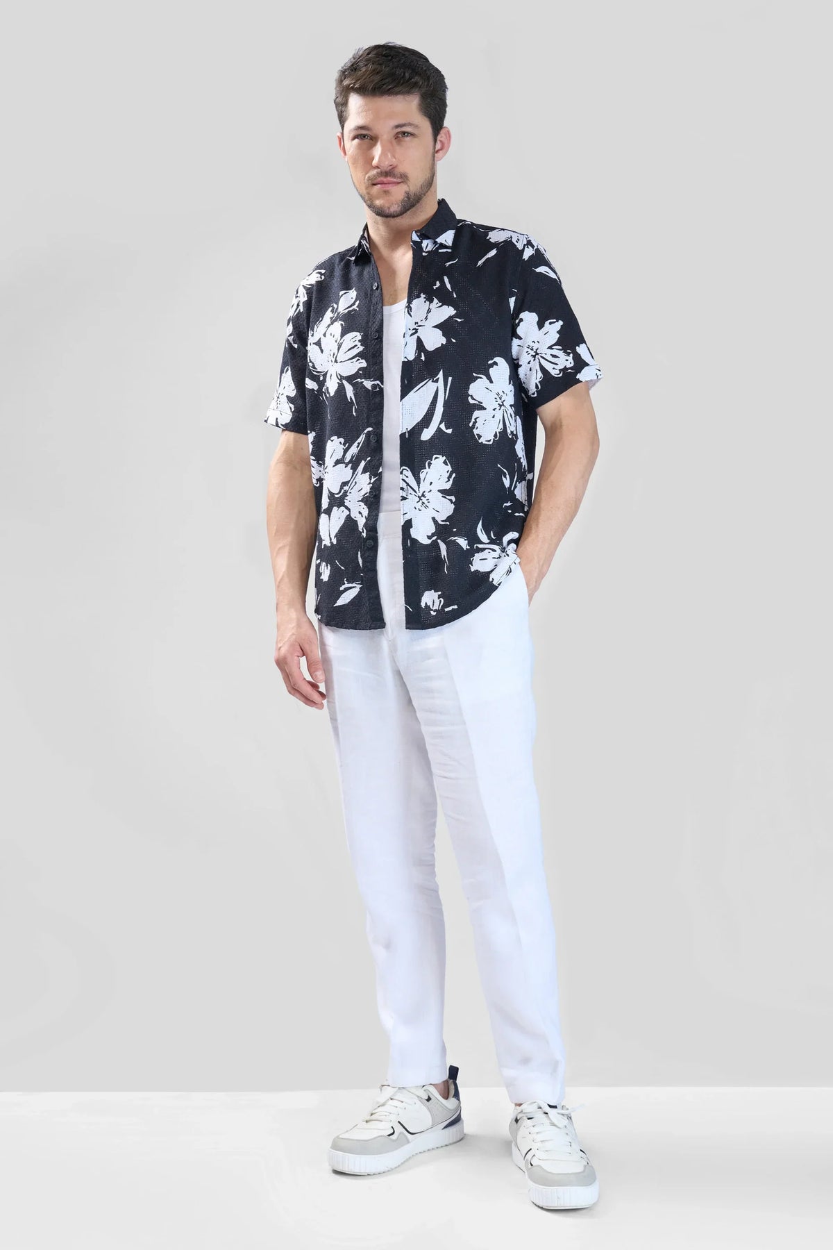 Xkind Black Floral Printed Textured Regular Fit Shirt | Grocsy