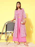 HERE&NOW Women Pink Floral Printed Regular Pure Cotton Kurta with Palazzos | Grocsy
