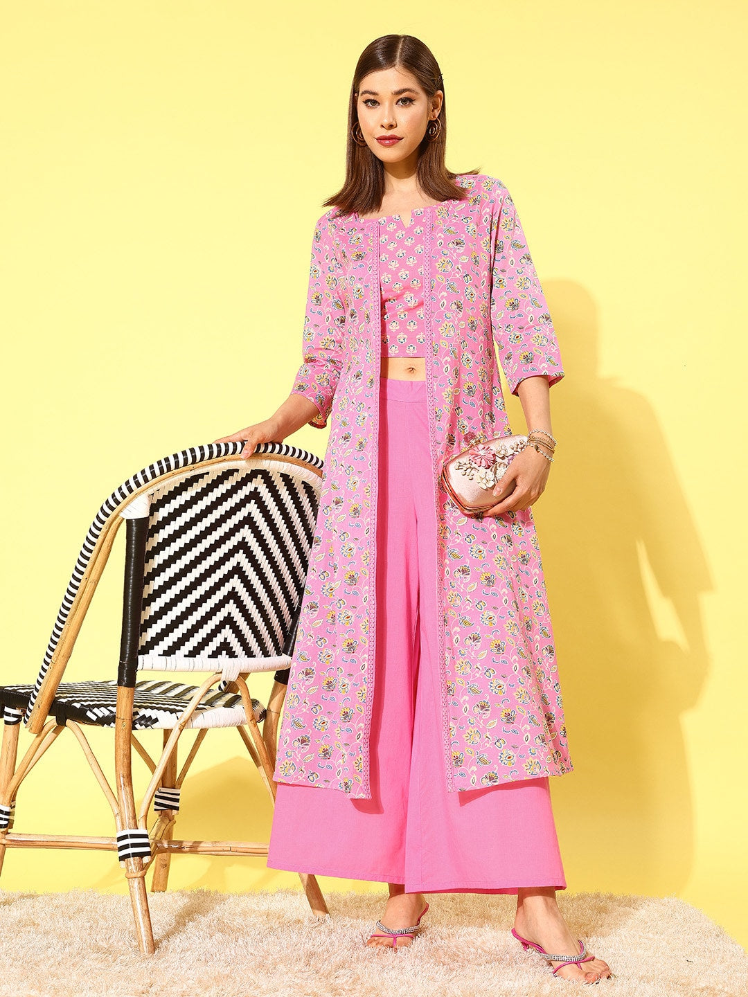 HERE&NOW Women Pink Floral Printed Regular Pure Cotton Kurta with Palazzos | Grocsy