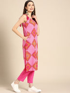 Sangria Women Pink Ethnic Motifs Printed Pure Cotton Kurta with Trousers & Dupatta | Grocsy