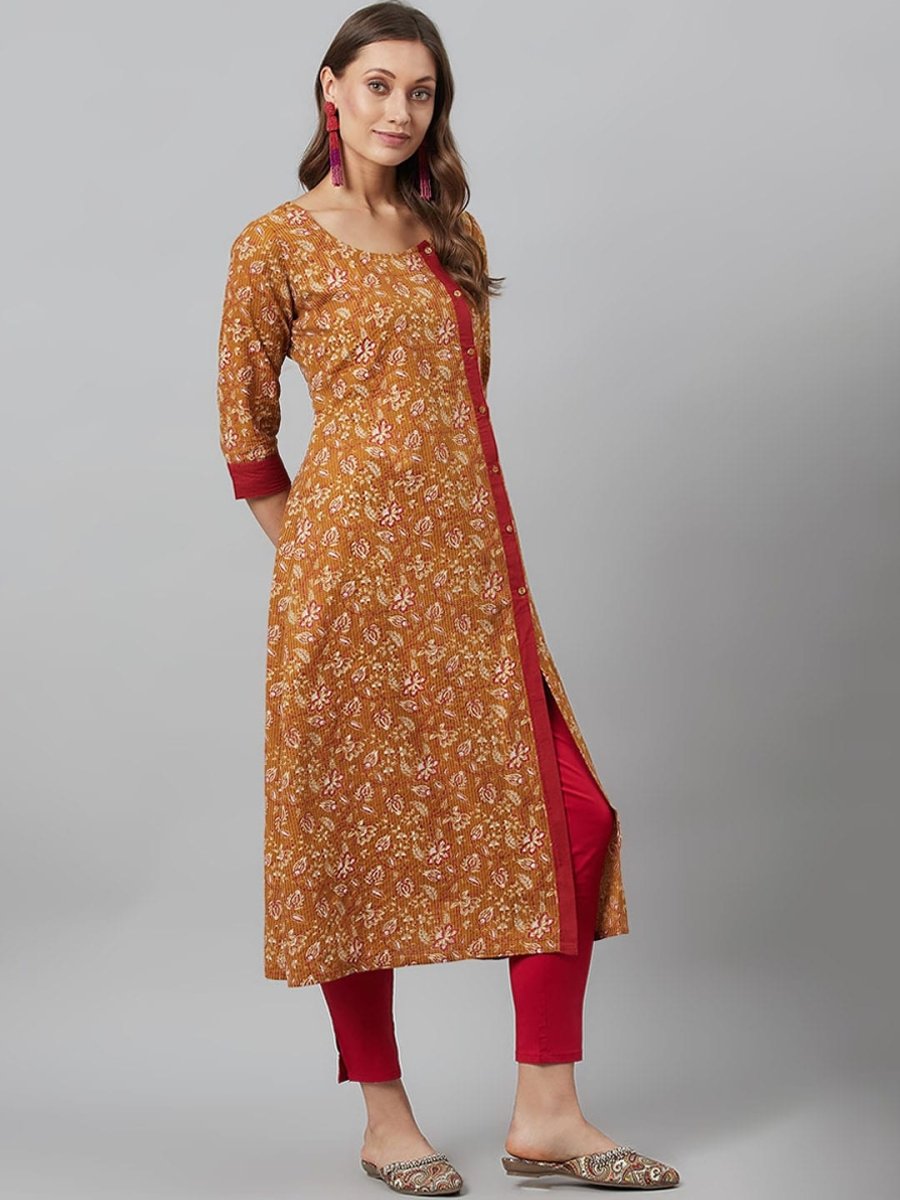 Aks Floral Printed Round Neck A-Line Kurta | Grocsy