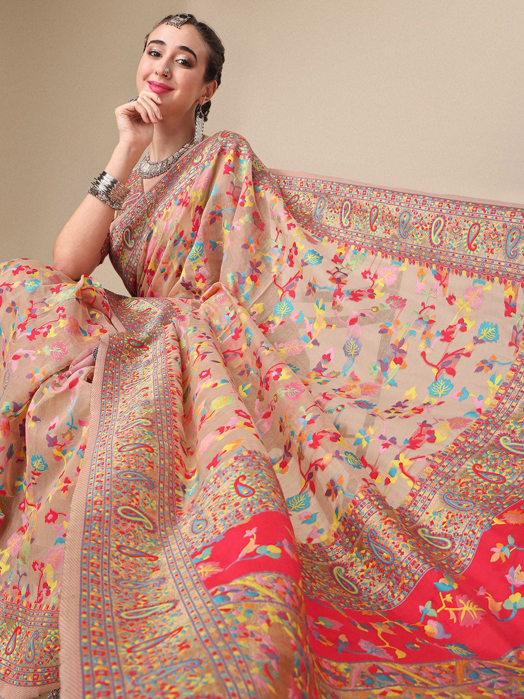 Sangria Beige & Orange Floral Woven Design Pure Silk Saree | Grocsy