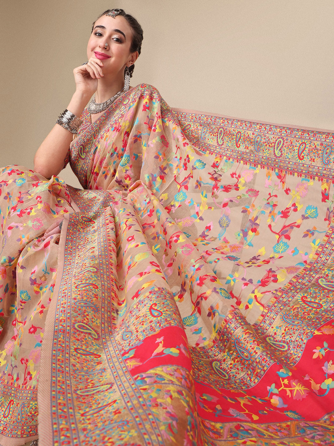 Sangria Beige & Orange Floral Woven Design Pure Silk Saree | Grocsy