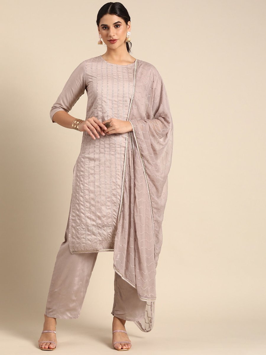 All About You Women Mauve Ethnic Motifs Embroidered Regular Sequinned Chanderi Silk Kurta with Palazzos & | Grocsy