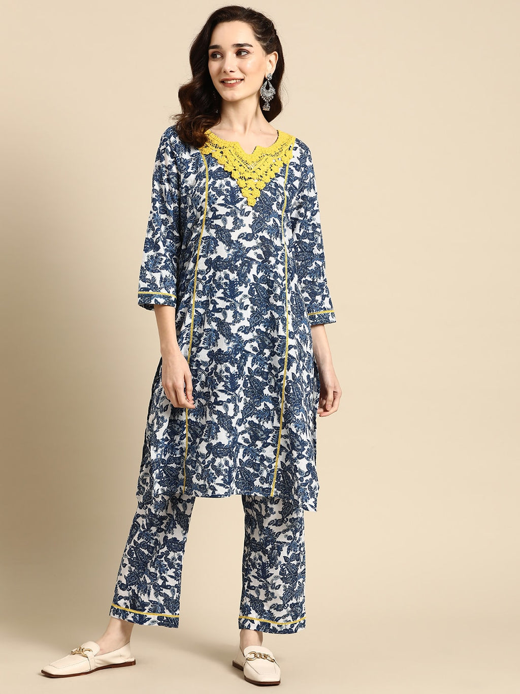 Sangria Women Navy Blue Ethnic Motifs Embroidered Detail Cotton Kurta with Trousers | Grocsy