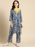 Sangria Women Navy Blue Ethnic Motifs Embroidered Detail Cotton Kurta with Trousers | Grocsy