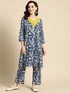 Sangria Women Navy Blue Ethnic Motifs Embroidered Detail Cotton Kurta with Trousers | Grocsy