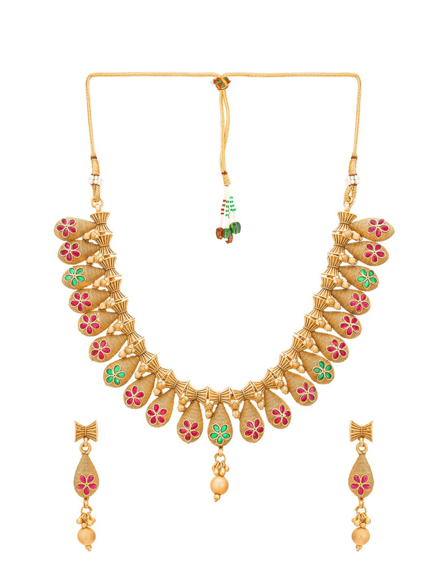Aadita Gold-Polished Temple Choker Ruby Jewellery Set | Grocsy