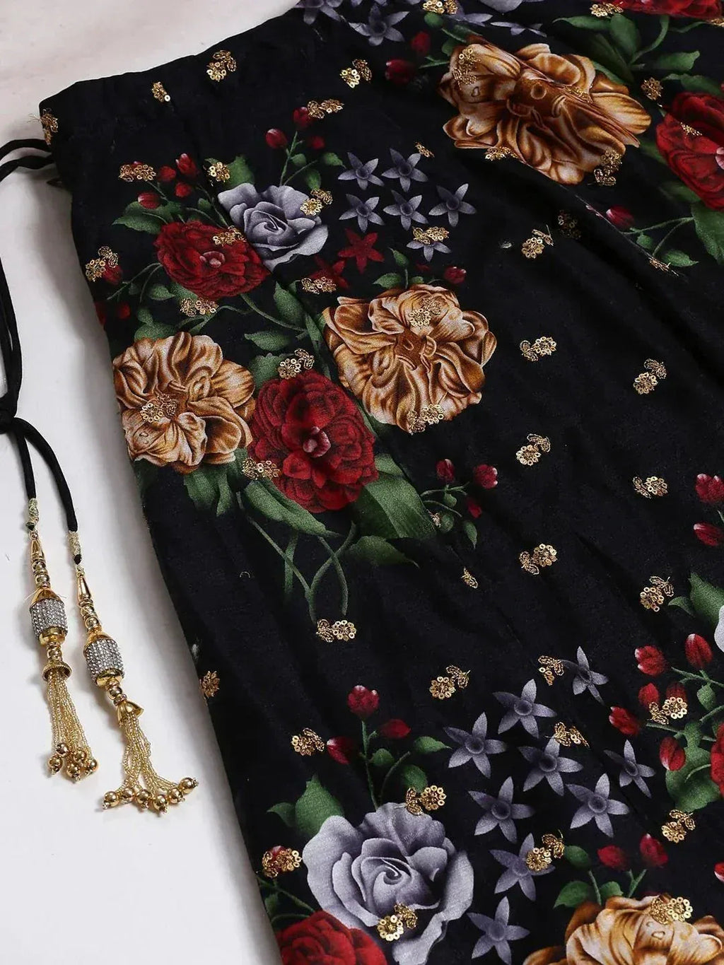 Tulsi Art Black & Grey Printed Semi-Stitched Myntra Lehenga & Unstitched Blouse With Dupatta | Grocsy