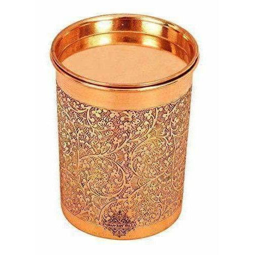 Copper Glass Tumbler with Lid Embossed Design | Grocsy