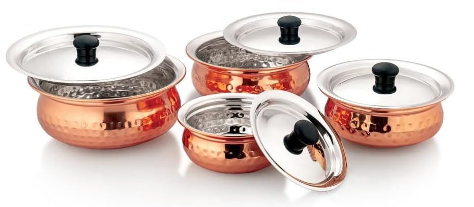 Dynore Stainless Steel Copper Plated Hammered Finish Handi Set with SS lid- Set of 4 | Grocsy