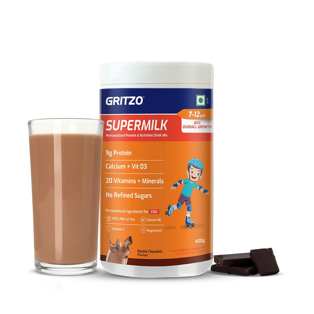 Gritzo SuperMilk Overall Growth (7-12y Boys), 9g Protein (Double Chocolate, Zero Refined Sugar, 20 Vitamins & Minerals | Grocsy