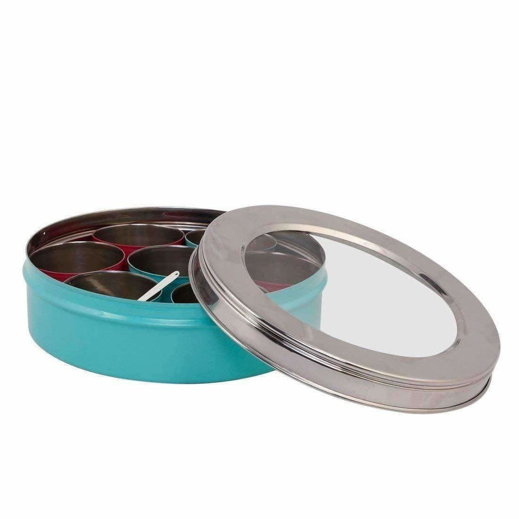 Stainless Steel Made Masala Box Spice Box Masala Dabba Container With Glass Lid 7 Compartments With 1 Spoon | Grocsy