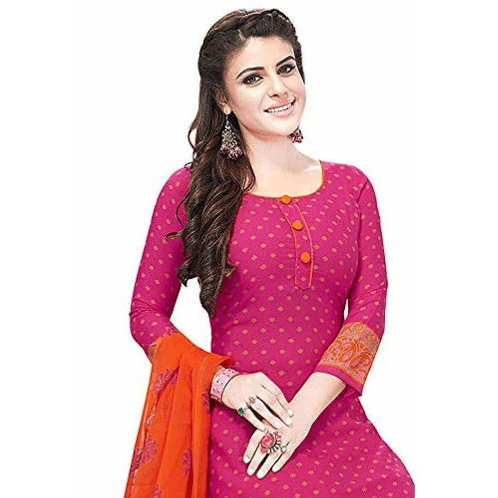Synthetic Pink & Orange Printed Unstitched Salwar Suits Dress Material with Dupatta | Grocsy