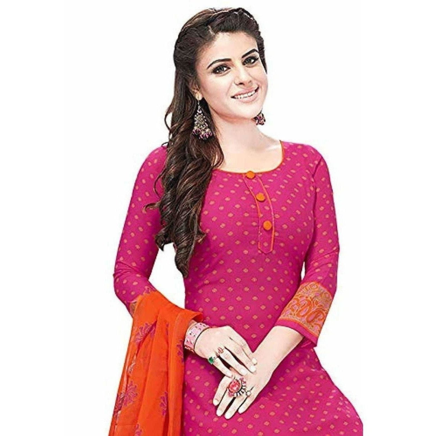 Synthetic Pink & Orange Printed Unstitched Salwar Suits Dress Material with Dupatta | Grocsy