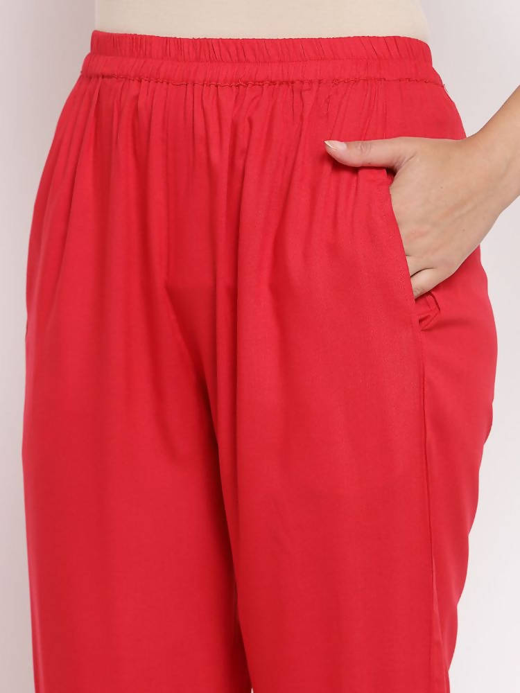 Myshka Women's Red Cotton Solid 3/4 Sleeve Square Neck Casual Kurta Pant Dupatta Set | Grocsy