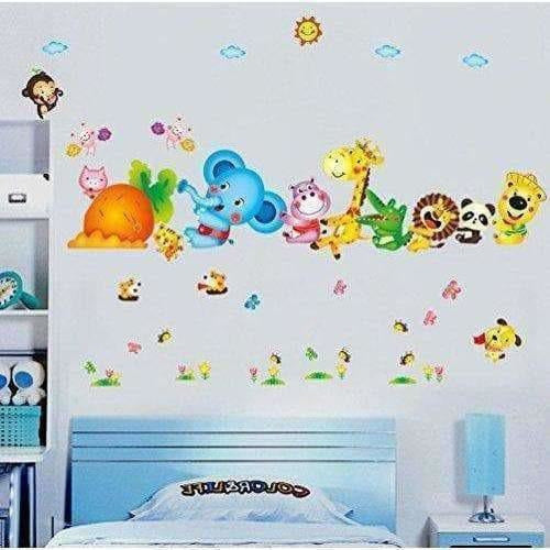 Happy Cute Elephant Monkey Cartoon Animals  Wall Sticker | Grocsy