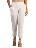 Juniper Women's Off White Soild Cotton Flex Pants With Lace Work | Grocsy