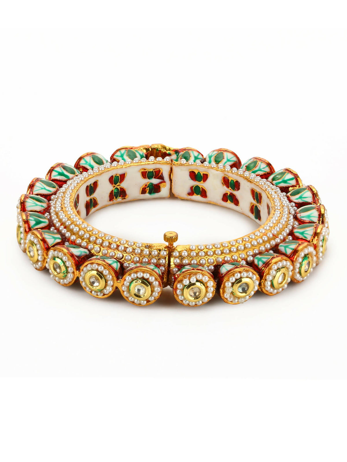 Gold-Polished Green Kundan-Studded Bangle - Ruby Raang