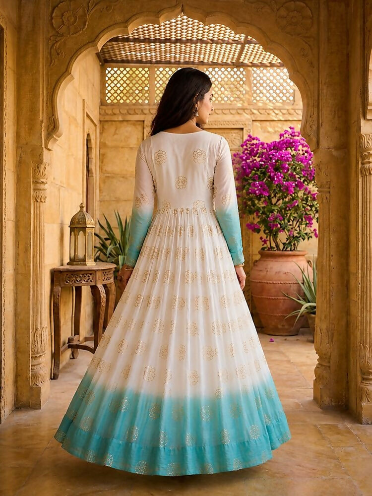 Teeya Creation Sky Blue and White Gradient Anarkali Gown with Gold Floral Motifs | Grocsy