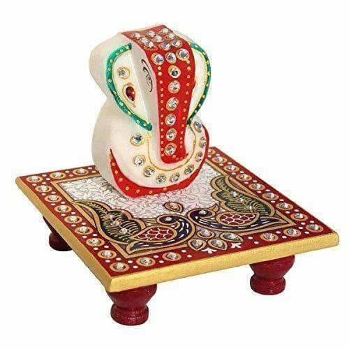 Marble Enamel Painted Ganesha Placed on Chowki (10.2 cm x 10.2 cm x 10.2 cm) | Grocsy