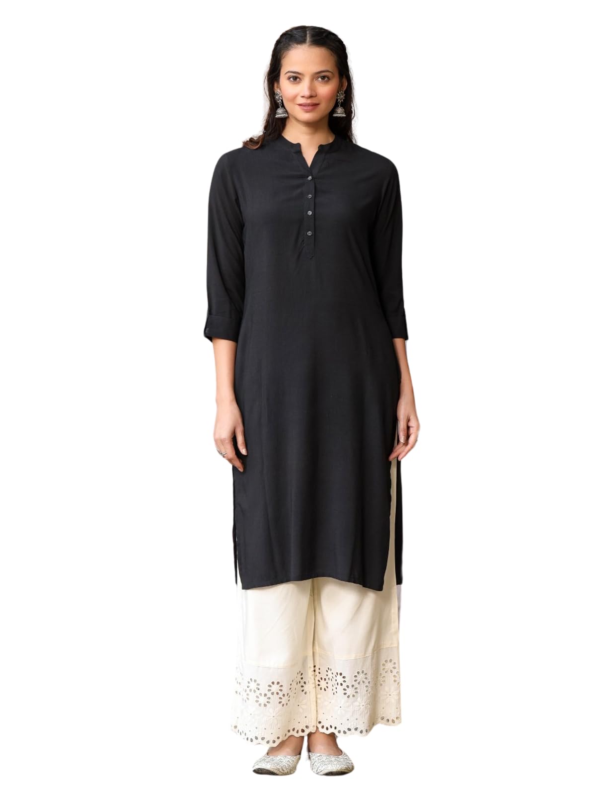 Juniper Women's Black Solid Modal Rayon Straight Kurta With Half Placket At Front | Grocsy