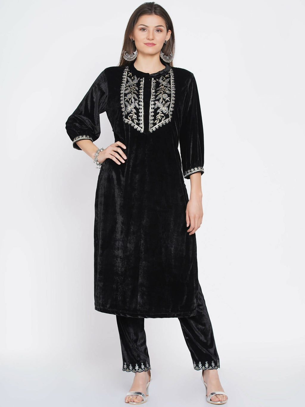 Women Republic Black Velvet Embroidered Kurta With Pants | Grocsy