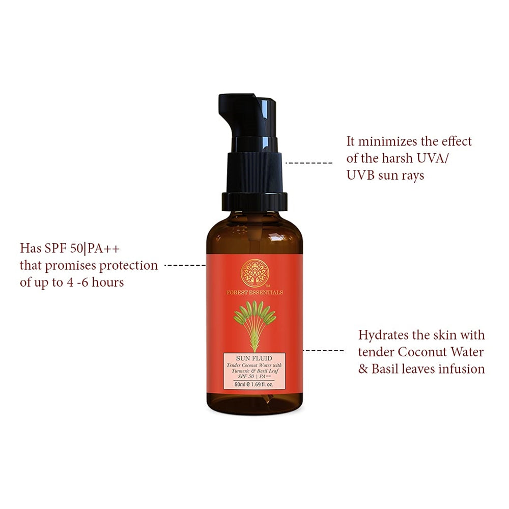 Forest Essentials Sun Fluid Tender Coconut Water with Turmeric & Basil Leaf SPF 50|PA + + | Grocsy