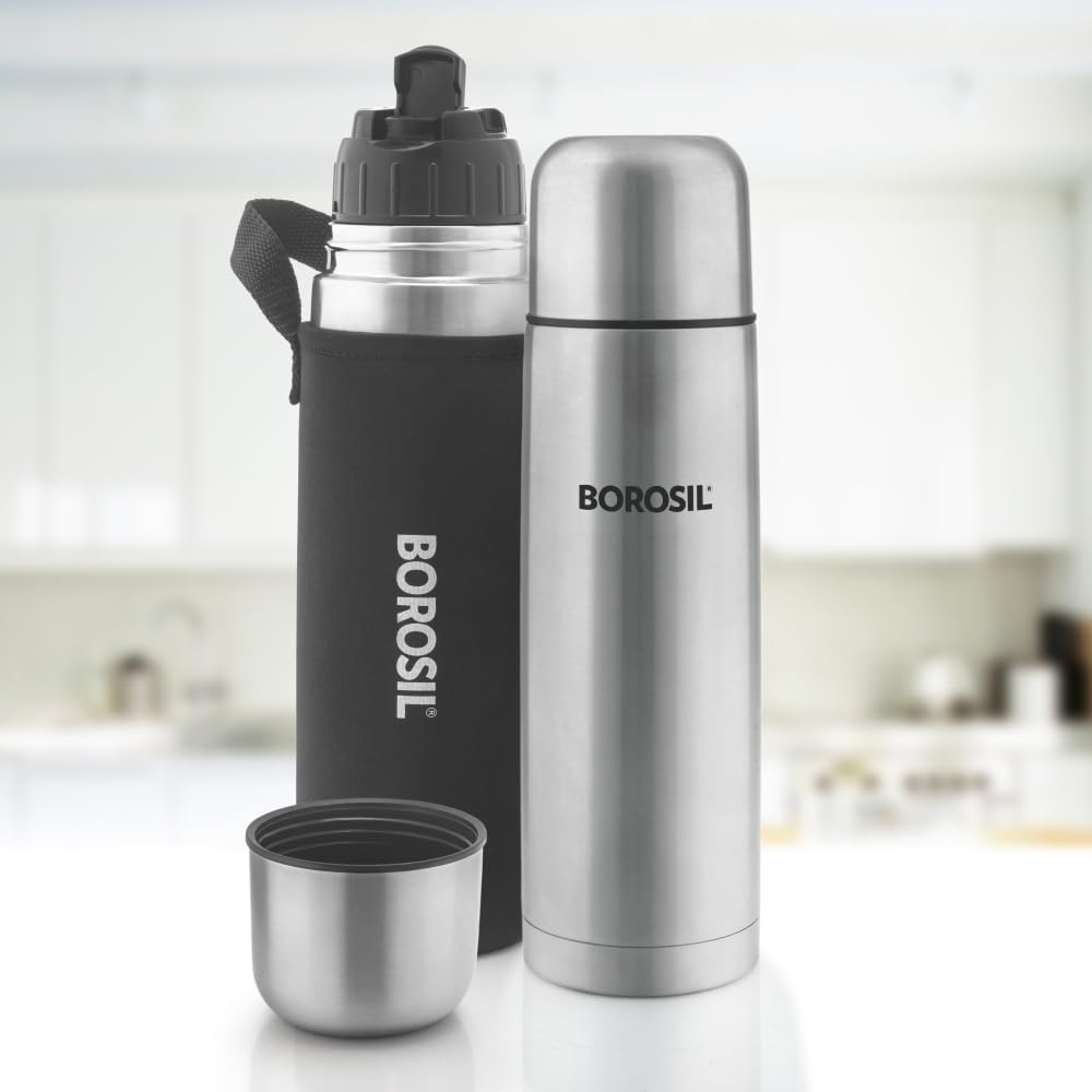 Borosil Hydra Thermo 1000 ml Stainless Steel Water Bottle | Double Wall Vacuum Insulated Flask | Grocsy