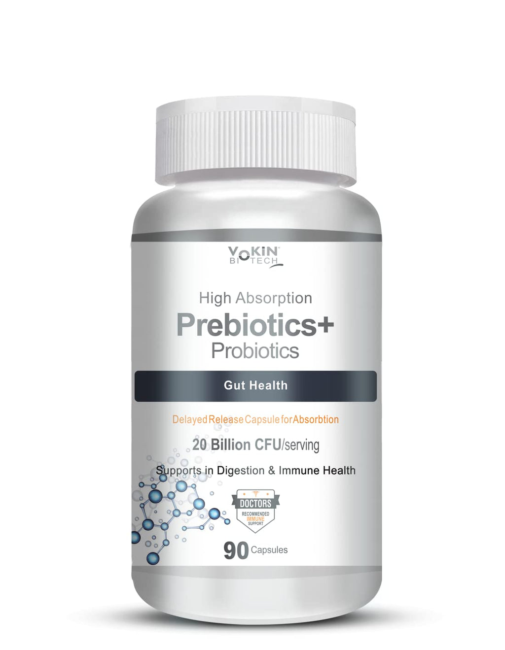 Vokin Biotech Prebiotics + Probiotics 20 Billion Cfu Supplement with Delayed-Release Capsules for Temperature Stable, Digestion and Immune Health | Grocsy