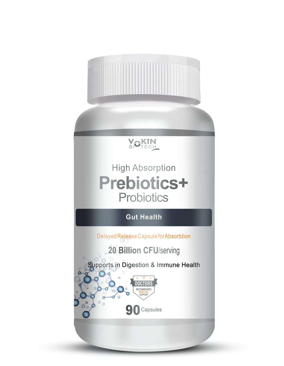 Vokin Biotech Prebiotics + Probiotics 20 Billion Cfu Supplement with Delayed-Release Capsules for Temperature Stable, Digestion and Immune Health | Grocsy