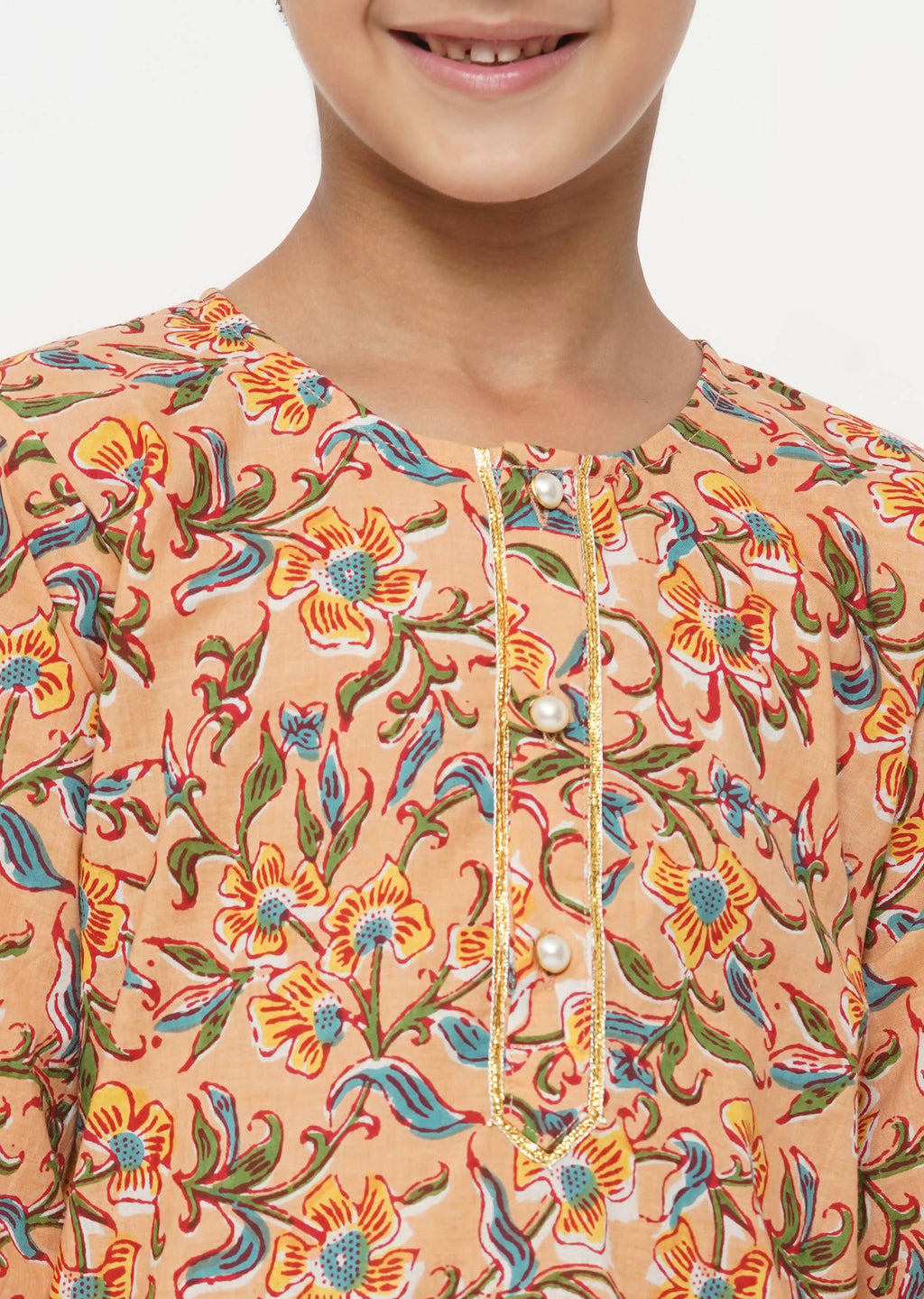 Little Bansi Boys Cotton Block Floral Kurta with Pearl Buttons & Pyjama in Orange & Cream | Grocsy